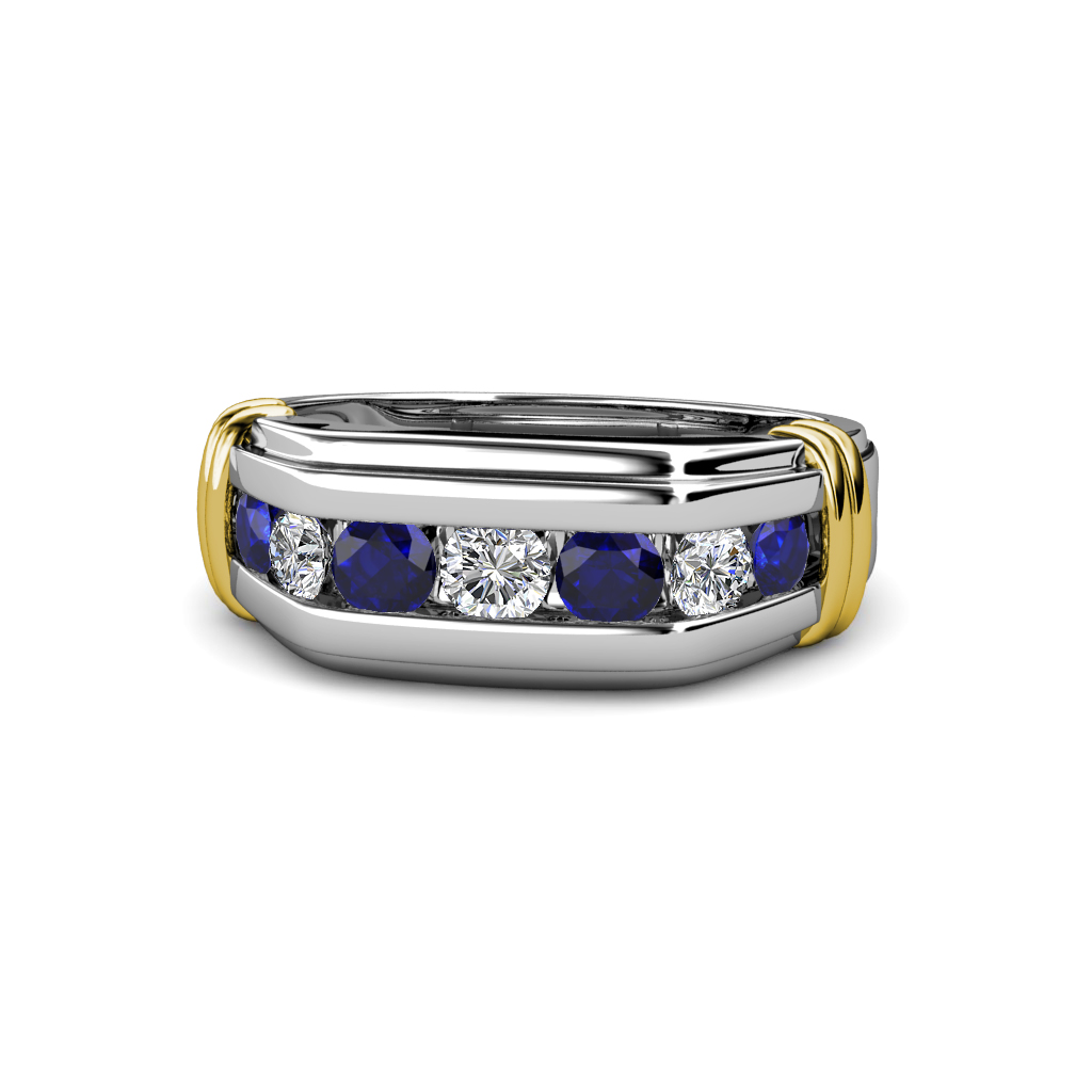 Brad Round Blue Sapphire and Diamond 7 Stone Men Wedding Ring (8.5 mm) 